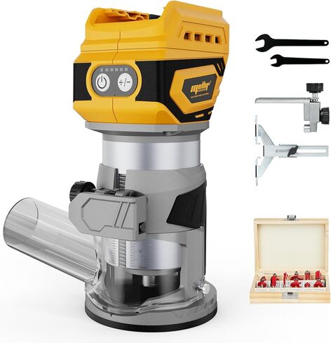 Cordless Brushless Compact Router,Compatible with Dewalt 18V Battery(Bare Tool),Palm Router with 5 Speed,28000RPM 600W w/Fixed Base, 12PCS 1/4" Router Bits for Woodworking, Edge Trimming, Grooving in Kuwait