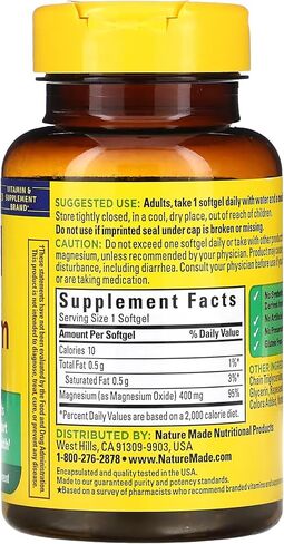 Nature Made Extra Strength Magnesium Oxide 400 mg, Dietary Supplement for Muscle, Nerve, Bone and Heart Support, 60 Softgels, in Saudi Arabia