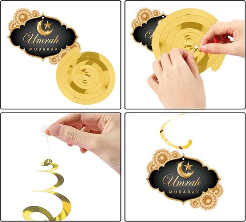 لافتة حفلات ديكورات عمرة مبارك - لافتة مبارك ذهبية سوداء ودوامات معلقة، لوازم ديكور مهرجان الحج مبارك الإسلامي in Kuwait