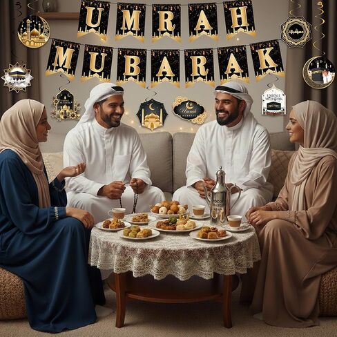 لافتة حفلات ديكورات عمرة مبارك - لافتة مبارك ذهبية سوداء ودوامات معلقة، لوازم ديكور مهرجان الحج مبارك الإسلامي in Kuwait