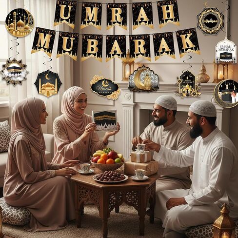 لافتة حفلات ديكورات عمرة مبارك - لافتة مبارك ذهبية سوداء ودوامات معلقة، لوازم ديكور مهرجان الحج مبارك الإسلامي in Kuwait