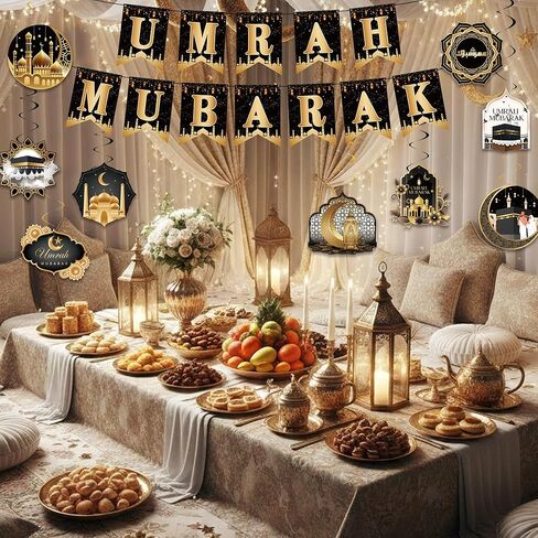 لافتة حفلات ديكورات عمرة مبارك - لافتة مبارك ذهبية سوداء ودوامات معلقة، لوازم ديكور مهرجان الحج مبارك الإسلامي in Kuwait