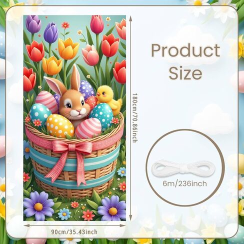 Happy Easter Door Cover,35*70inches Funny Easter Flower Basket Rabbit Egg Door Banner with Rope Bunny Door Cover Easter Spring Eggs Front Door Photo Background for Spring Easter Outdoor Indoor Decor (Style 1) in Saudi Arabia