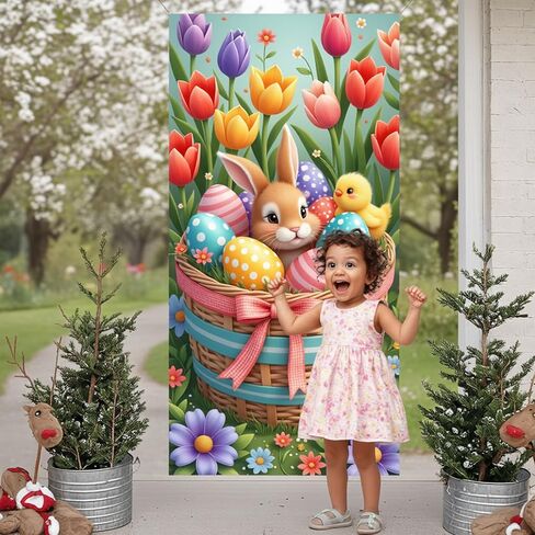 Happy Easter Door Cover,35*70inches Funny Easter Flower Basket Rabbit Egg Door Banner with Rope Bunny Door Cover Easter Spring Eggs Front Door Photo Background for Spring Easter Outdoor Indoor Decor (Style 1) in Saudi Arabia