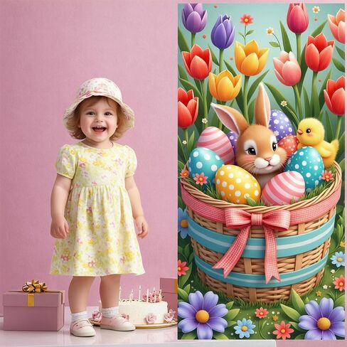 Happy Easter Door Cover,35*70inches Funny Easter Flower Basket Rabbit Egg Door Banner with Rope Bunny Door Cover Easter Spring Eggs Front Door Photo Background for Spring Easter Outdoor Indoor Decor (Style 1) in Saudi Arabia