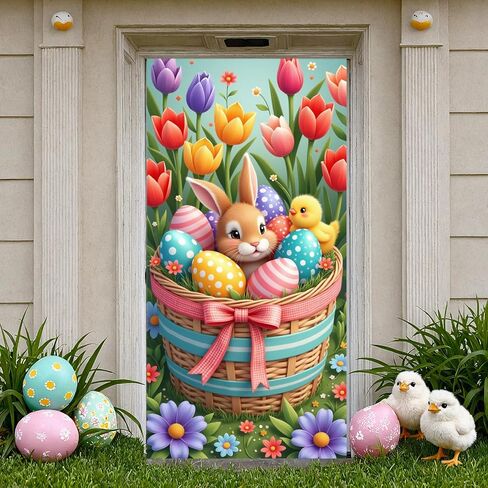 Happy Easter Door Cover,35*70inches Funny Easter Flower Basket Rabbit Egg Door Banner with Rope Bunny Door Cover Easter Spring Eggs Front Door Photo Background for Spring Easter Outdoor Indoor Decor (Style 1) in Saudi Arabia