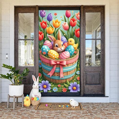 Happy Easter Door Cover,35*70inches Funny Easter Flower Basket Rabbit Egg Door Banner with Rope Bunny Door Cover Easter Spring Eggs Front Door Photo Background for Spring Easter Outdoor Indoor Decor (Style 1) in Saudi Arabia