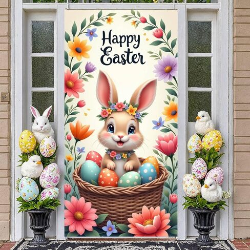 Happy Easter Door Cover,35*70inches Funny Easter Flower Basket Rabbit Egg Door Banner with Rope Bunny Door Cover Easter Spring Eggs Front Door Photo Background for Spring Easter Outdoor Indoor Decor (Style 1) in Saudi Arabia