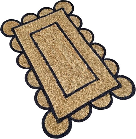 Shree Exports Hand Woven Farmhouse Scalloped Natural Jute Area Rug, Natural Base Off White Trim 2x3 feet in Kuwait