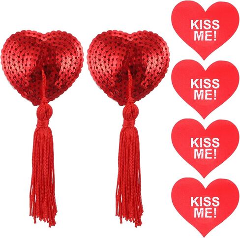 Nipple Covers for Women Breast Pasties Reusable Heart-Shaped Breast Covers Breasts Bra with Sequins Tassel Self-Adhesive No Show Nipple Cover Stickers with Words Christmas Red in Saudi Arabia