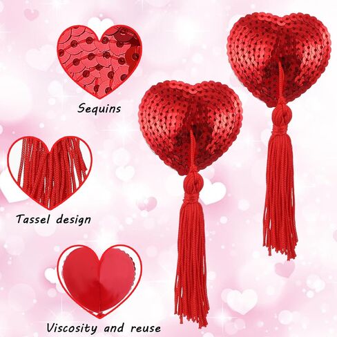 Nipple Covers for Women Breast Pasties Reusable Heart-Shaped Breast Covers Breasts Bra with Sequins Tassel Self-Adhesive No Show Nipple Cover Stickers with Words Christmas Red in Saudi Arabia