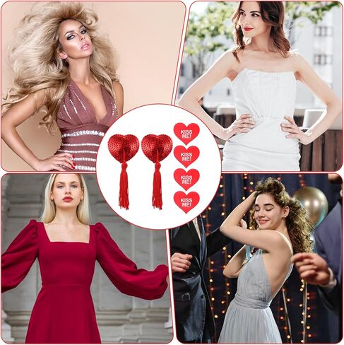 Nipple Covers for Women Breast Pasties Reusable Heart-Shaped Breast Covers Breasts Bra with Sequins Tassel Self-Adhesive No Show Nipple Cover Stickers with Words Christmas Red in Saudi Arabia