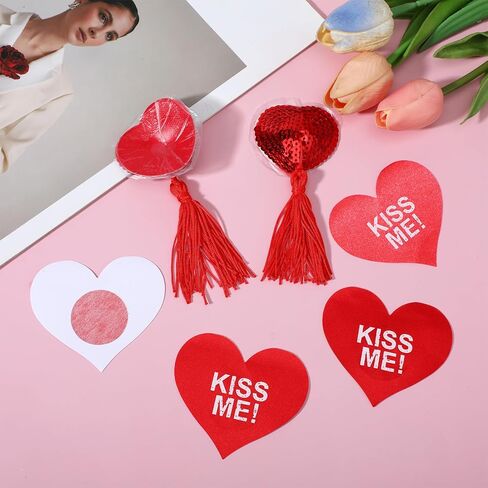 Nipple Covers for Women Breast Pasties Reusable Heart-Shaped Breast Covers Breasts Bra with Sequins Tassel Self-Adhesive No Show Nipple Cover Stickers with Words Christmas Red in Saudi Arabia