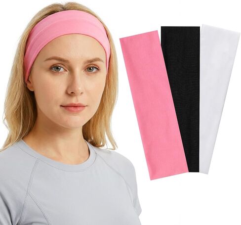 Grevosea 3 Pcs Elastic Headbands for Women, Stretchy Fabric Workout Headbands Sweat Hairbands Sports Aesthetic Hair Bands for Working Out Cycling Biking Gym Yoga Running (Black, Pink, White) in Saudi Arabia