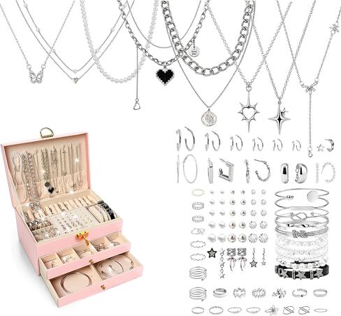 SMUOBT Jewelry Box with Jewelry Set for Women Men - Large Multi-Layer Jewelry Organizer Storage Case with Drawers, Necklace Bracelet Hoop/Stud Earrings Rings Gift Set for Her Him, Unique Birthday Party Gift (Gold/Black Silver) in Saudi Arabia
