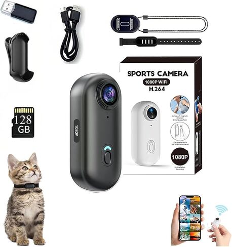 كاميرا الجسم الصغيرة بدقة 1080 بكسل بسعة 128 جيجابايت، كاميرا الجسم بحجم الإبهام، كاميرات رياضية يمكن ارتداؤها، تسجيل POV بدون استخدام اليدين، حامل على الخوذة، فيديو رقمي رياضي مغناطيسي لركوب الدراجات، للسباحة أثناء مشي الحيوانات الأليفة (أسود-64G) in Kuwait