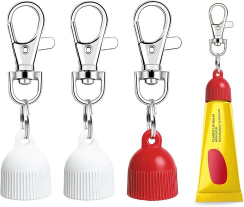 حامل سلسلة مفاتيح مكون من 4 عبوات متوافق مع Carmex - 2 غطاء بديل لبلسم الشفاه أحمر + 2 أبيض، سلسلة مفاتيح محمولة مانعة للتسرب متوافقة مع Carmex Classic 0.35 أونصة in Kuwait