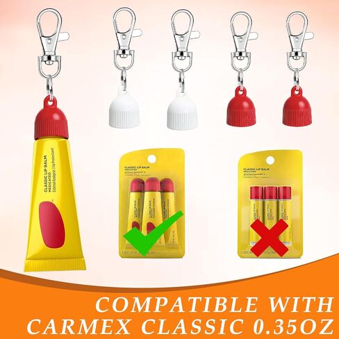 حامل سلسلة مفاتيح مكون من 4 عبوات متوافق مع Carmex - 2 غطاء بديل لبلسم الشفاه أحمر + 2 أبيض، سلسلة مفاتيح محمولة مانعة للتسرب متوافقة مع Carmex Classic 0.35 أونصة in Kuwait