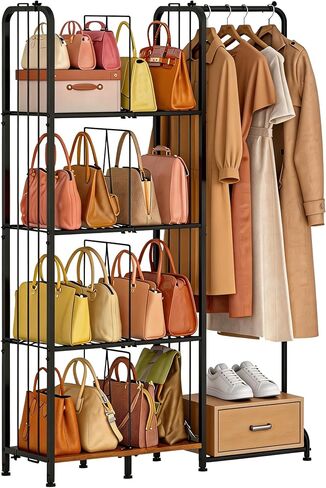 منظم محفظة ذو 4 طبقات قائم على الأرض للخزانة مع أقدام وفواصل قابلة للتعديل، تخزين محفظة عالي السعة مع منطقة تعليق الملابس، حامل حامل معدني وخشبي لتنظيم حقائب اليد in Kuwait