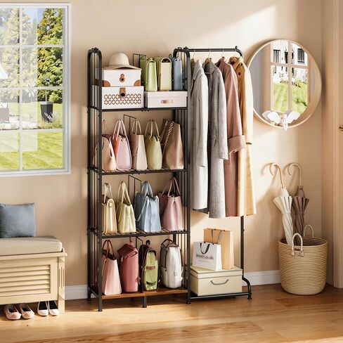 منظم محفظة ذو 4 طبقات قائم على الأرض للخزانة مع أقدام وفواصل قابلة للتعديل، تخزين محفظة عالي السعة مع منطقة تعليق الملابس، حامل حامل معدني وخشبي لتنظيم حقائب اليد in Kuwait