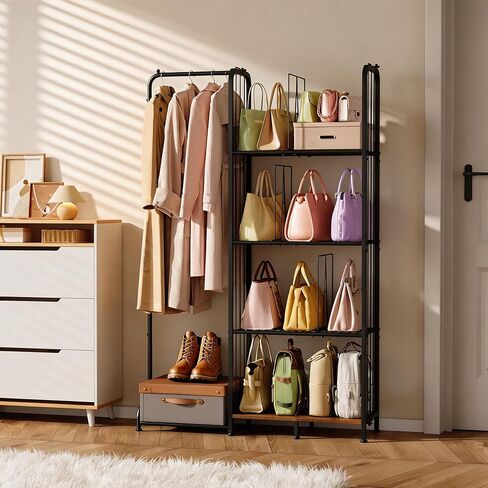 منظم محفظة ذو 4 طبقات قائم على الأرض للخزانة مع أقدام وفواصل قابلة للتعديل، تخزين محفظة عالي السعة مع منطقة تعليق الملابس، حامل حامل معدني وخشبي لتنظيم حقائب اليد in Kuwait