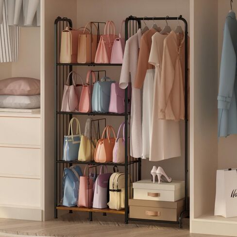 منظم محفظة ذو 4 طبقات قائم على الأرض للخزانة مع أقدام وفواصل قابلة للتعديل، تخزين محفظة عالي السعة مع منطقة تعليق الملابس، حامل حامل معدني وخشبي لتنظيم حقائب اليد in Kuwait