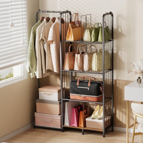 منظم محفظة ذو 4 طبقات قائم على الأرض للخزانة مع أقدام وفواصل قابلة للتعديل، تخزين محفظة عالي السعة مع منطقة تعليق الملابس، حامل حامل معدني وخشبي لتنظيم حقائب اليد in Kuwait