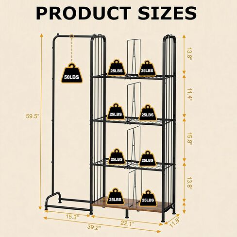 منظم محفظة ذو 4 طبقات قائم على الأرض للخزانة مع أقدام وفواصل قابلة للتعديل، تخزين محفظة عالي السعة مع منطقة تعليق الملابس، حامل حامل معدني وخشبي لتنظيم حقائب اليد in Kuwait