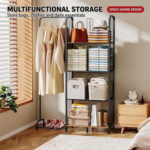 منظم محفظة ذو 4 طبقات قائم على الأرض للخزانة مع أقدام وفواصل قابلة للتعديل، تخزين محفظة عالي السعة مع منطقة تعليق الملابس، حامل حامل معدني وخشبي لتنظيم حقائب اليد in Kuwait