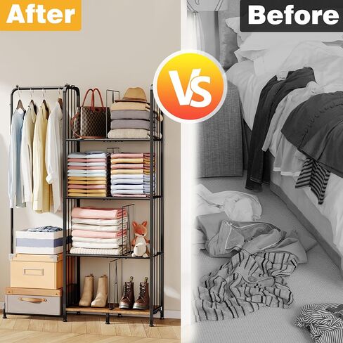 منظم محفظة ذو 4 طبقات قائم على الأرض للخزانة مع أقدام وفواصل قابلة للتعديل، تخزين محفظة عالي السعة مع منطقة تعليق الملابس، حامل حامل معدني وخشبي لتنظيم حقائب اليد in Kuwait