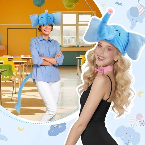 3 Pcs Read Book Day Elephant Costume Accessories for Kids 3D Blue Hats and Tail with Pink Pom Books Character Costume for World Book Day Party Dress up in Saudi Arabia