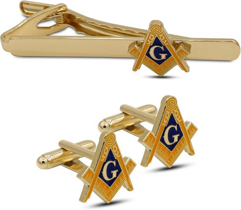 مجموعة Masonic Craft Mason المربعة والبوصلة وأزرار الأكمام الذهبية الزرقاء ومشبك ربطة العنق ذات جودة عالية in Kuwait