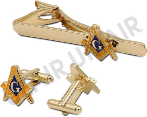 مجموعة Masonic Craft Mason المربعة والبوصلة وأزرار الأكمام الذهبية الزرقاء ومشبك ربطة العنق ذات جودة عالية in Kuwait