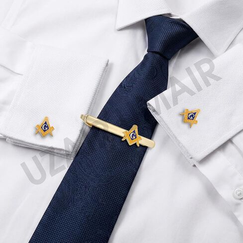 مجموعة Masonic Craft Mason المربعة والبوصلة وأزرار الأكمام الذهبية الزرقاء ومشبك ربطة العنق ذات جودة عالية in Kuwait