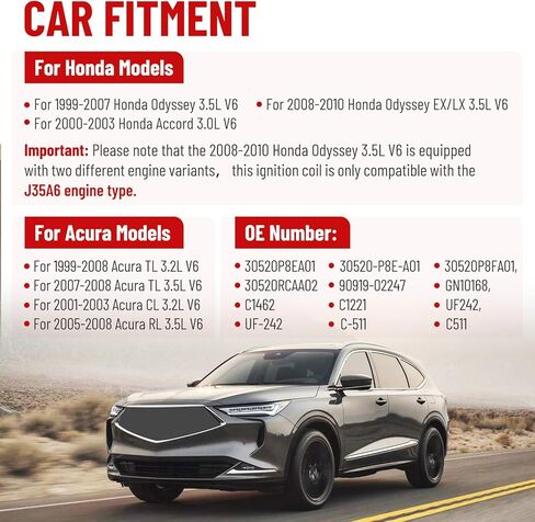 Pindex 6 حزمة ملف الإشعال UF242 و4503 قابس إشعال إيريديوم مزدوج متوافق مع Honda Accord Odyssey Acura TL CL RL 3.0L 3.2L 3.5L V6 1788303 UF400 5C1013 50063 C1221 C242 7098 30520-P8E-A01 in Kuwait