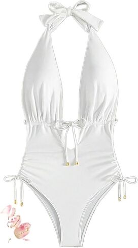 Womens Backless Cutout Sexy One-Piece Swimsuit Monokini with Drawstring Waist - Summer Beach Swimwear in Saudi Arabia