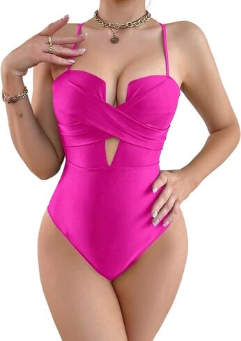 Women's Hot Pink Backless Spaghetti Strap Monokini Swimsuit - Push Up One-Piece Swimwear for Beach and Vacation in Saudi Arabia