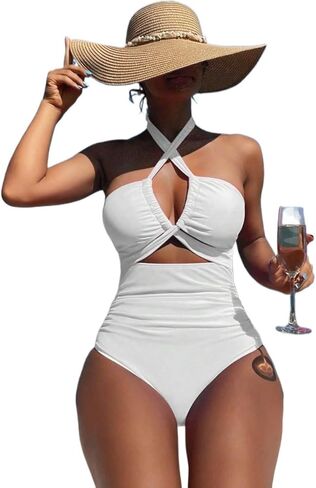 Womens Backless Halter Neck Monokini Swimsuit - Solid Color Ruched One-Piece for Beach Vacation 2026 in Saudi Arabia