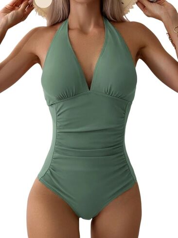 Womens Halter Neck Backless Monokini Swimsuit - Ruched One Piece Swimwear for Beach and Vacation in Saudi Arabia