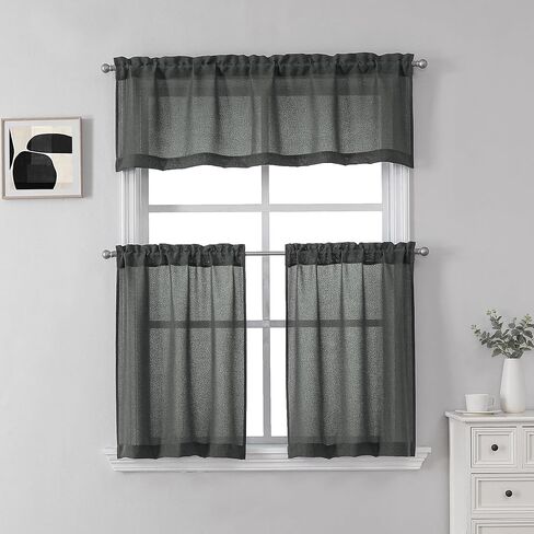 مجموعة ستائر نافذة SeeGlee طبقات وستارة نافذة، عرض إجمالي 52 بوصة، ستائر كتان مرشحة للضوء بطول 36 بوصة للمطبخ وغرفة المعيشة وتناول الطعام من ديكور المنزل، مجموعة من 3 قطع، فحمي/رمادي داكن in Kuwait