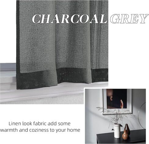 مجموعة ستائر نافذة SeeGlee طبقات وستارة نافذة، عرض إجمالي 52 بوصة، ستائر كتان مرشحة للضوء بطول 36 بوصة للمطبخ وغرفة المعيشة وتناول الطعام من ديكور المنزل، مجموعة من 3 قطع، فحمي/رمادي داكن in Kuwait