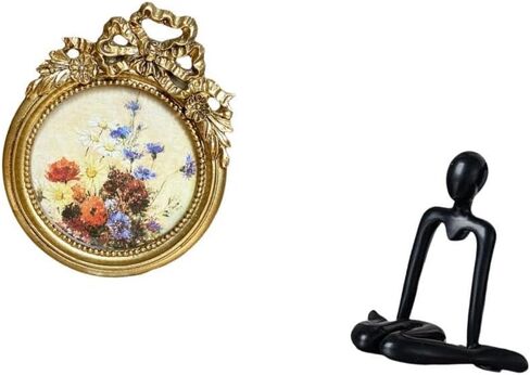 Fenteer Round Picture Frame Small Vintage Golden Photo Frame Decorative Ornate Resin Figurine Thinker Abstract Sculpture for Wall Desktop Suitable for Office in Saudi Arabia
