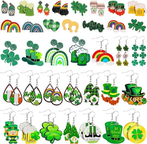 36 Pairs Wooden St. Patrick's Day Earrings Irish Shamrock Green Hat Clover Dangle Earrings Accessories for Women Saint Patrick Jewelry Gifts in Saudi Arabia