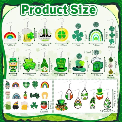 36 Pairs Wooden St. Patrick's Day Earrings Irish Shamrock Green Hat Clover Dangle Earrings Accessories for Women Saint Patrick Jewelry Gifts in Saudi Arabia