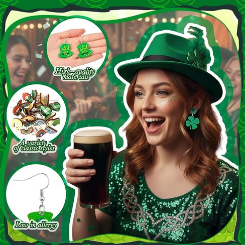 36 Pairs Wooden St. Patrick's Day Earrings Irish Shamrock Green Hat Clover Dangle Earrings Accessories for Women Saint Patrick Jewelry Gifts in Saudi Arabia