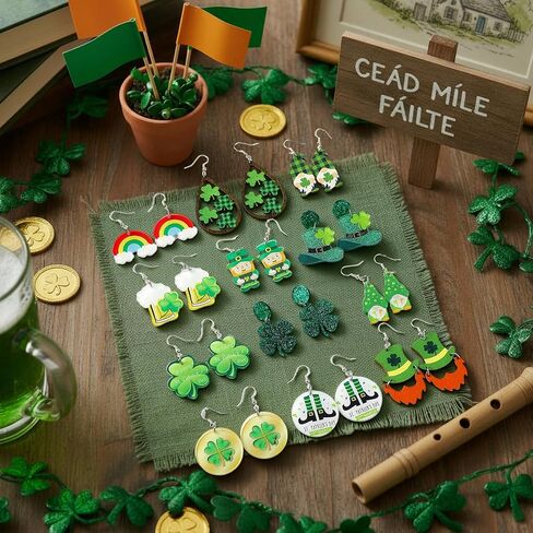 36 Pairs Wooden St. Patrick's Day Earrings Irish Shamrock Green Hat Clover Dangle Earrings Accessories for Women Saint Patrick Jewelry Gifts in Saudi Arabia