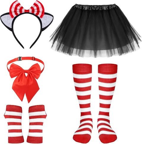 5 Pack Cat Costume Accessory Kit With Tulle Tutu Skirt Red Striped Knee Length Socks Arm Warmer Cat Ear Headband Bowtie for Cosplay in Saudi Arabia