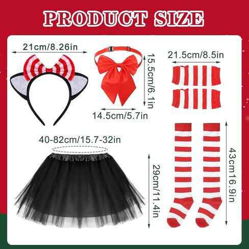 5 Pack Cat Costume Accessory Kit With Tulle Tutu Skirt Red Striped Knee Length Socks Arm Warmer Cat Ear Headband Bowtie for Cosplay in Saudi Arabia