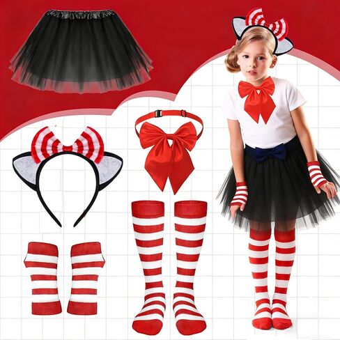 5 Pack Cat Costume Accessory Kit With Tulle Tutu Skirt Red Striped Knee Length Socks Arm Warmer Cat Ear Headband Bowtie for Cosplay in Saudi Arabia