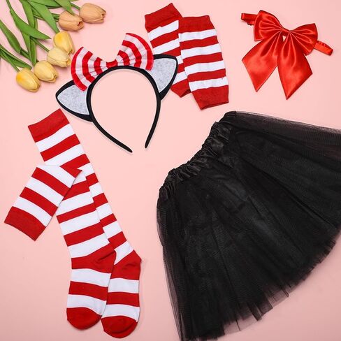 5 Pack Cat Costume Accessory Kit With Tulle Tutu Skirt Red Striped Knee Length Socks Arm Warmer Cat Ear Headband Bowtie for Cosplay in Saudi Arabia